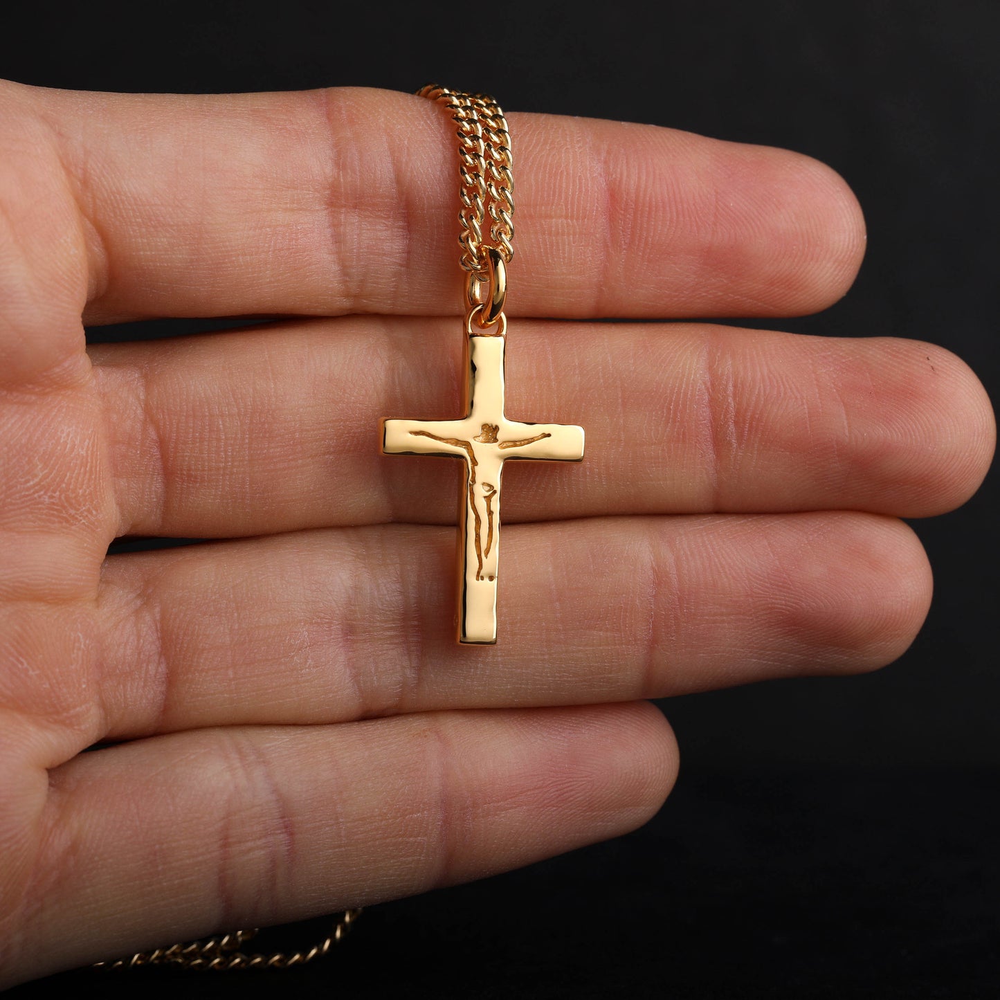 EIJI Necklace Carved Jesus Cross Pendant in 18K Gold Vermeil handmade jewelry for man oxidized sterling silver jewelry for men rustic handmade jewelry man