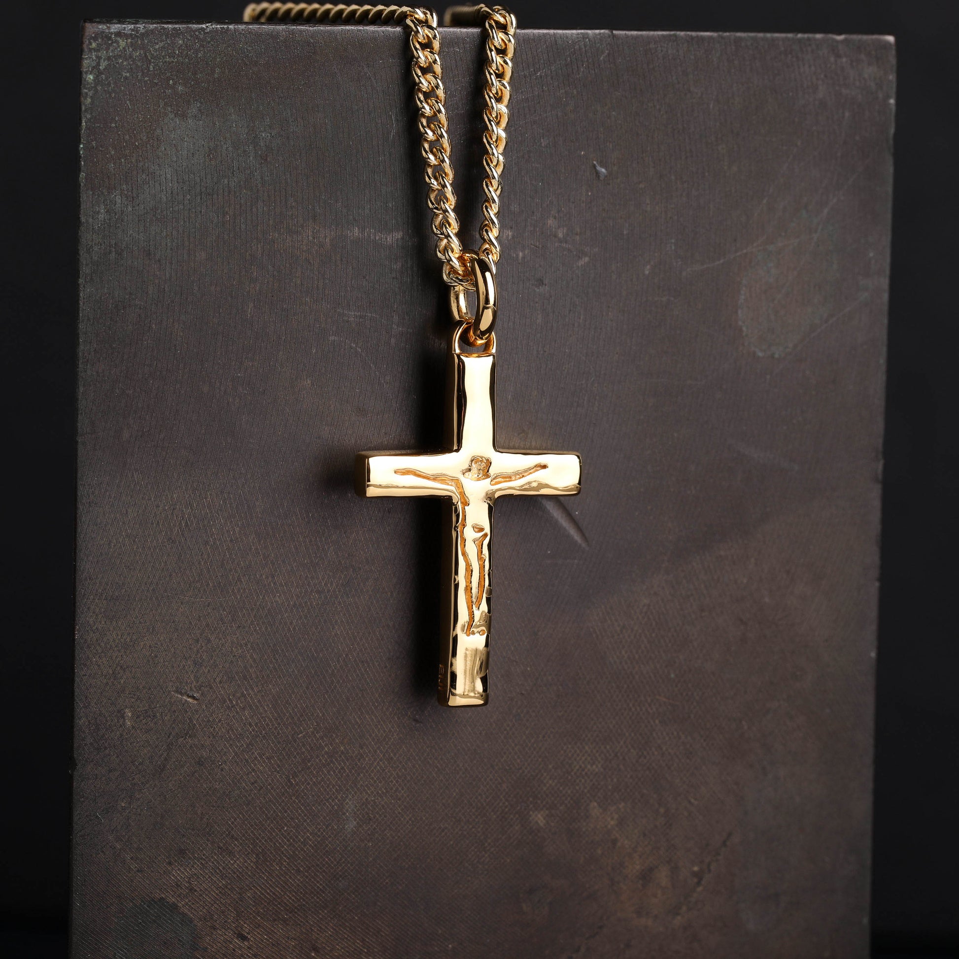 EIJI Necklace Carved Jesus Cross Pendant in 18K Gold Vermeil handmade jewelry for man oxidized sterling silver jewelry for men rustic handmade jewelry man