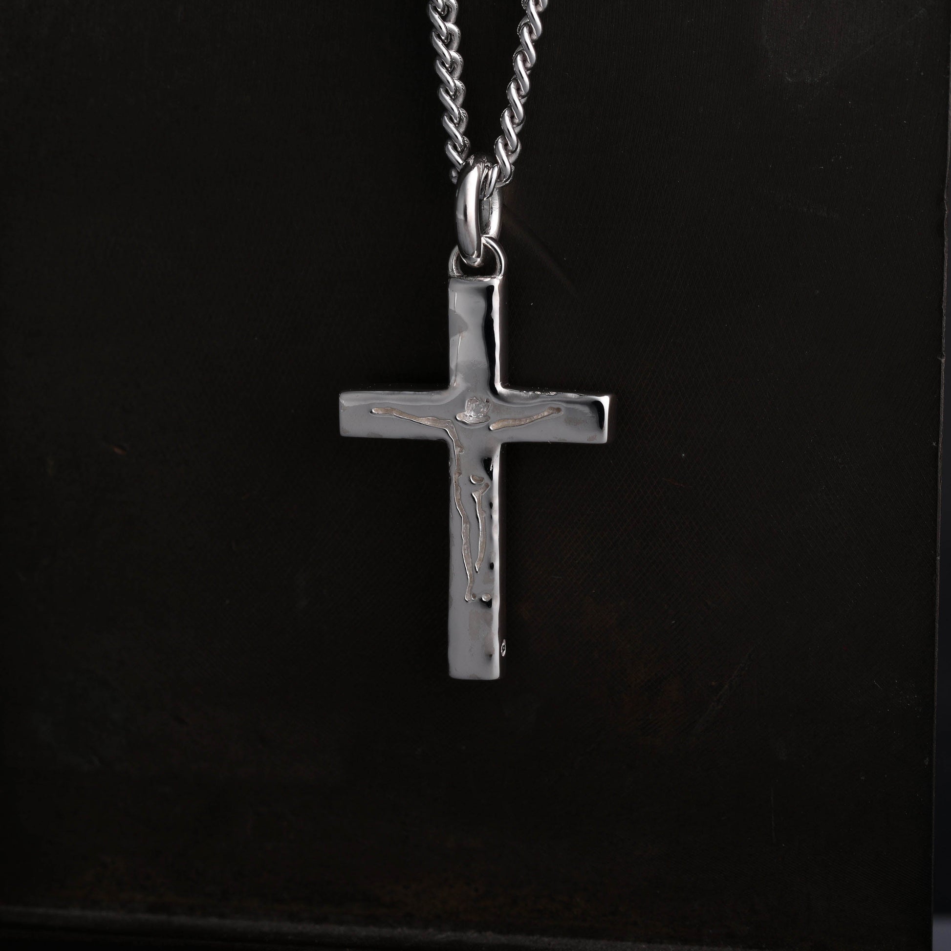 EIJI Necklace Carved Jesus Cross Pendant in Sterling Silver handmade jewelry for man oxidized sterling silver jewelry for men rustic handmade jewelry man