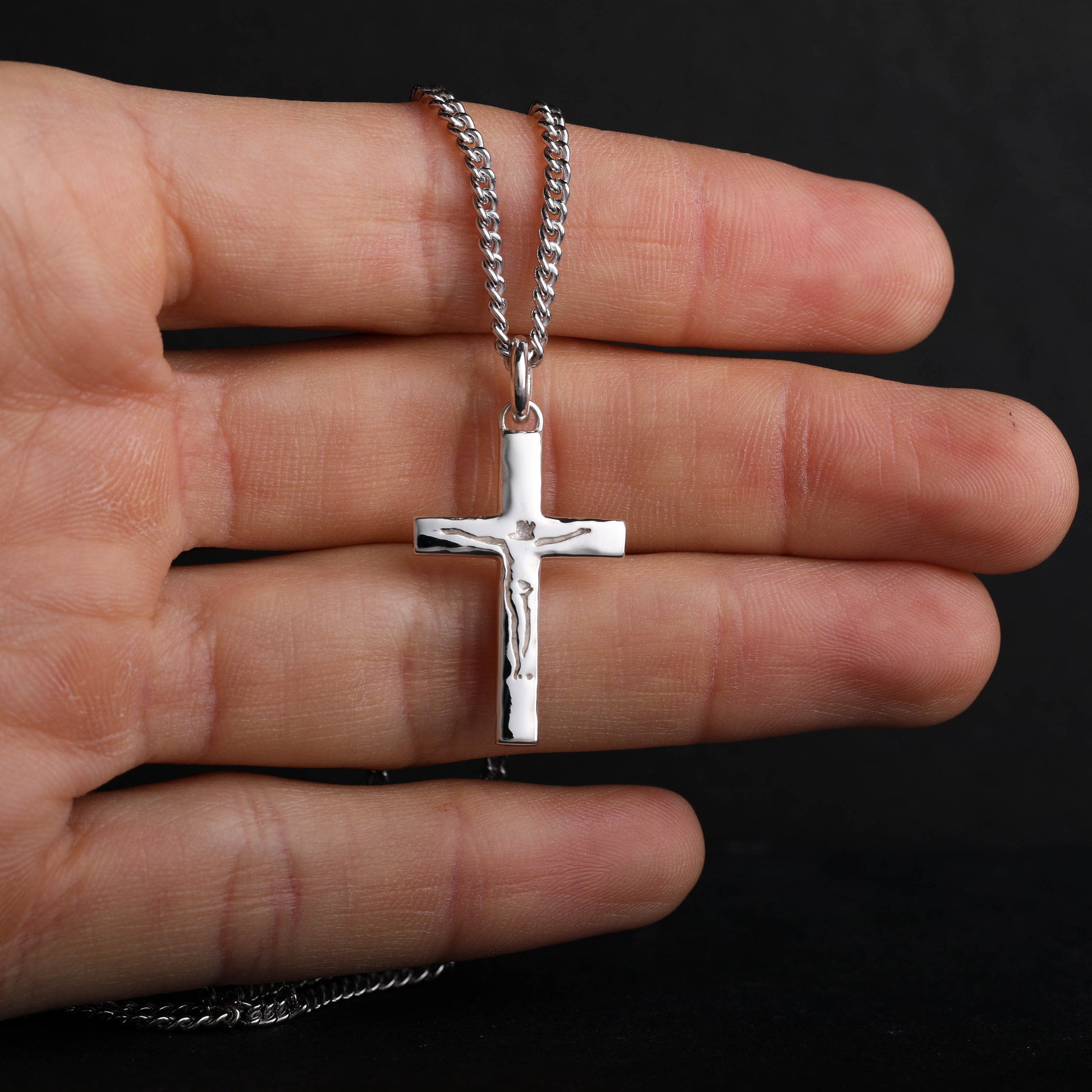 EIJI Necklace Carved Jesus Cross Pendant in Sterling Silver handmade jewelry for man oxidized sterling silver jewelry for men rustic handmade jewelry man