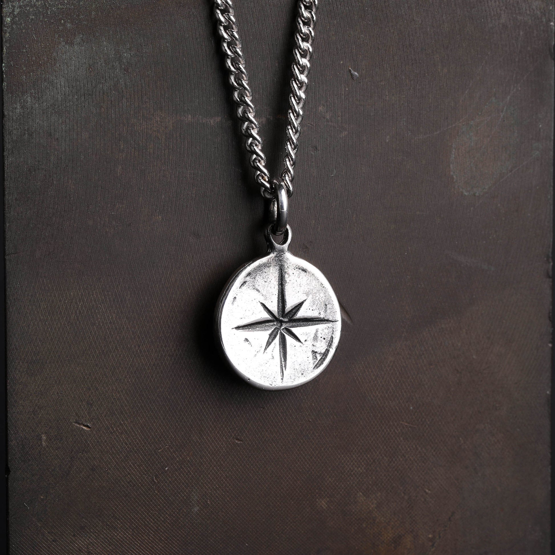 EIJI Necklace Rustic Compass Pendant  in Sterling Silver handmade jewelry for man oxidized sterling silver jewelry for men rustic handmade jewelry man