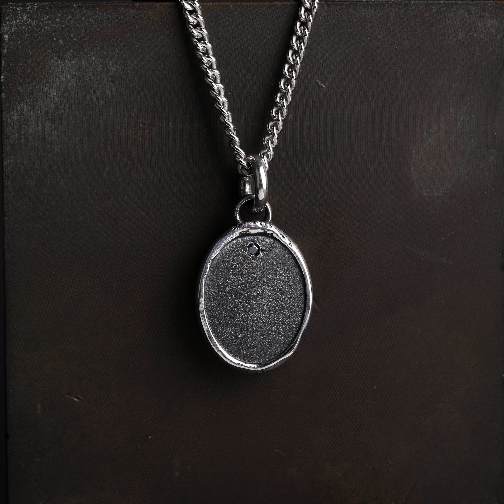 EIJI Necklace Solitaire Black Diamond Tag Pendant in Sterling Silver handmade jewelry for man oxidized sterling silver jewelry for men rustic handmade jewelry man